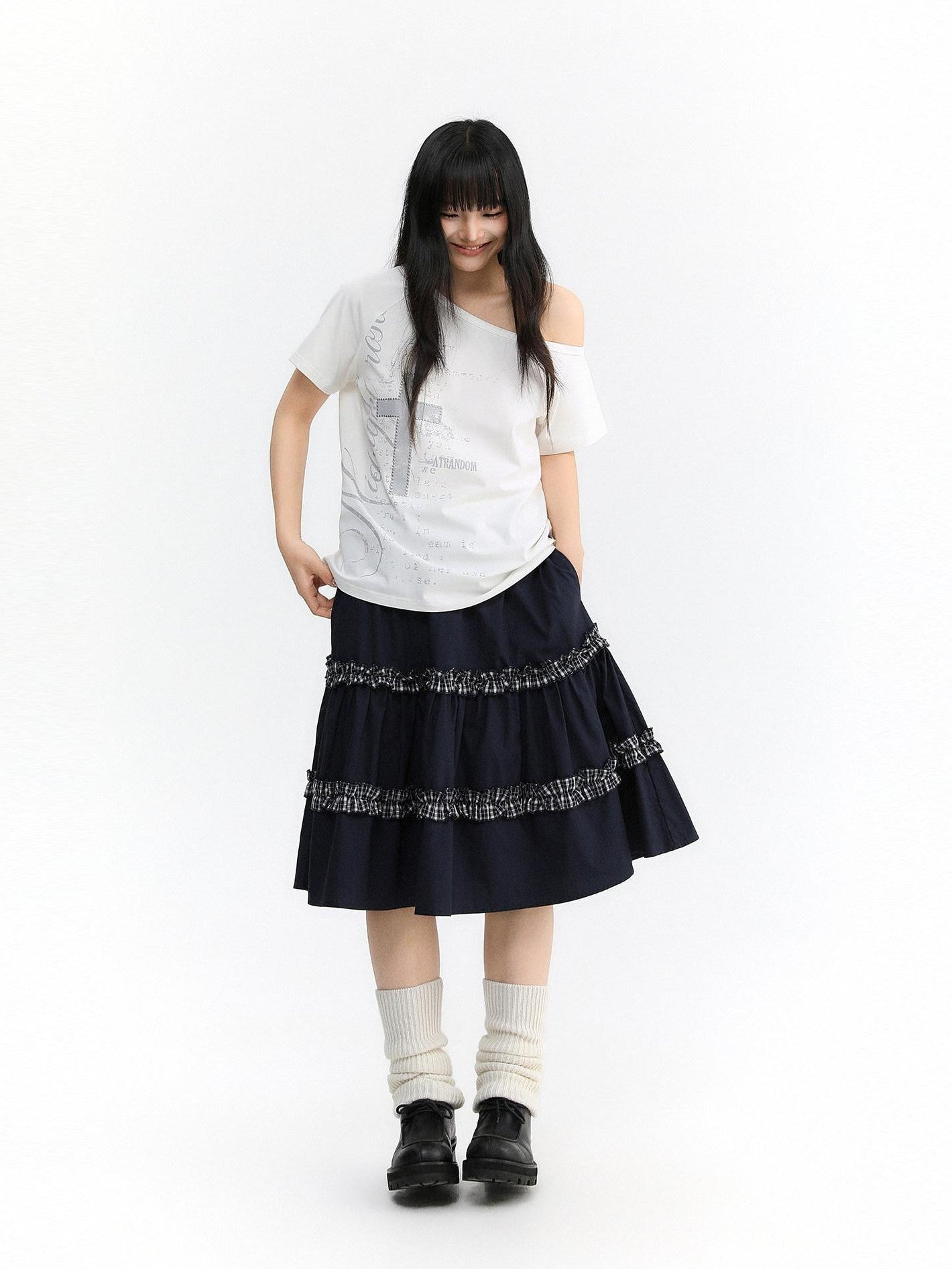 atrandom Navy Plaid Lace Trim Ruffle Patchwork Women&