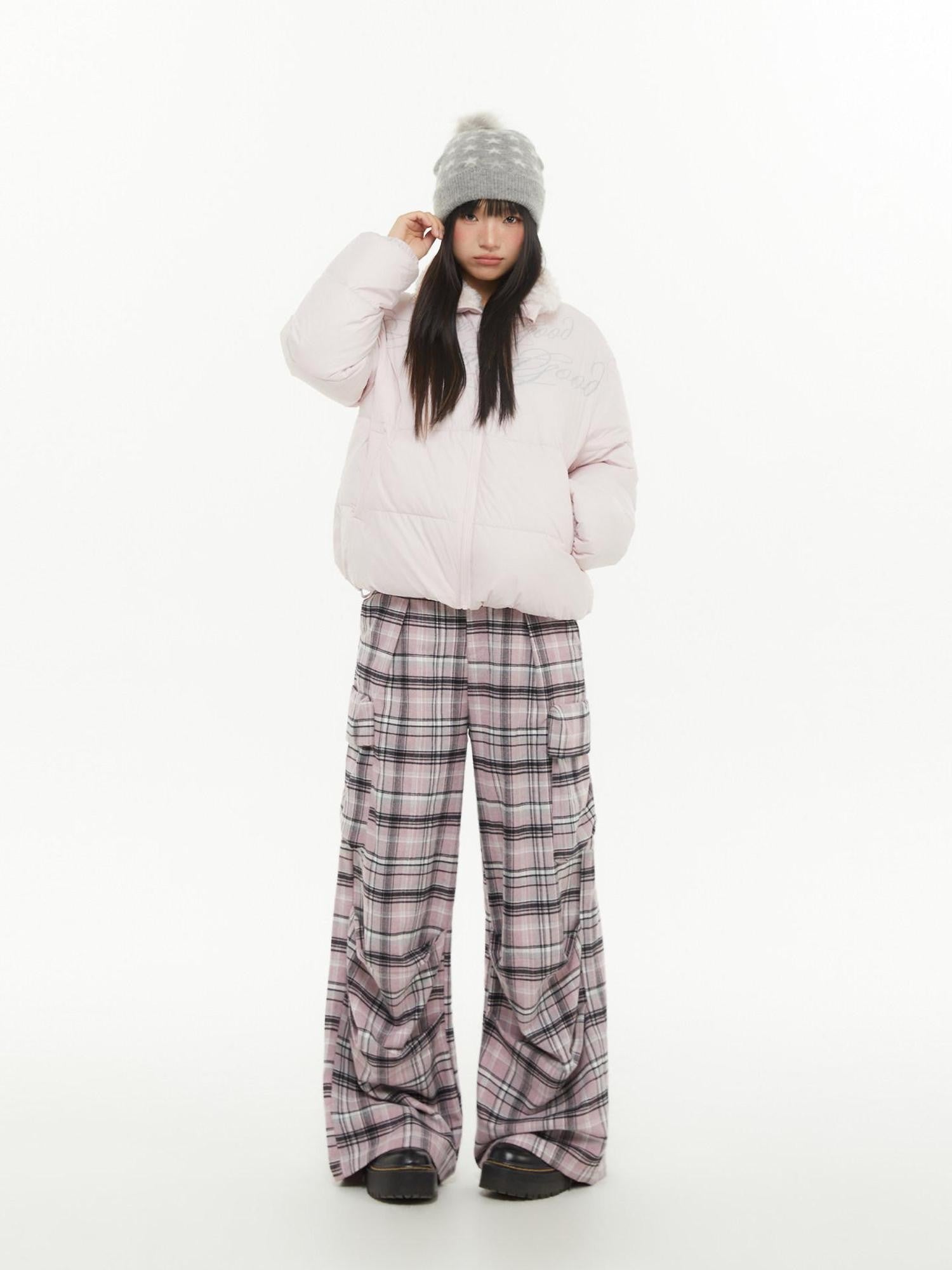 atrandom Pink Plaid Cargo Pocket Natural Waist Relaxed Women&