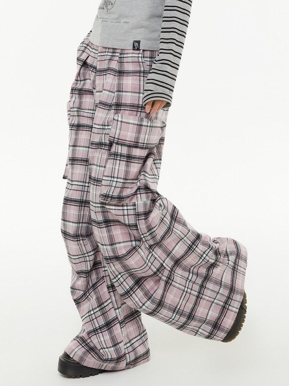 atrandom Pink Plaid Cargo Pocket Natural Waist Relaxed Women&