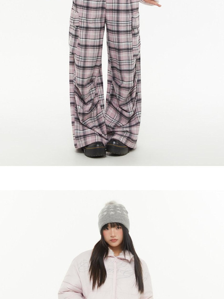 atrandom Pink Plaid Cargo Pocket Natural Waist Relaxed Women&