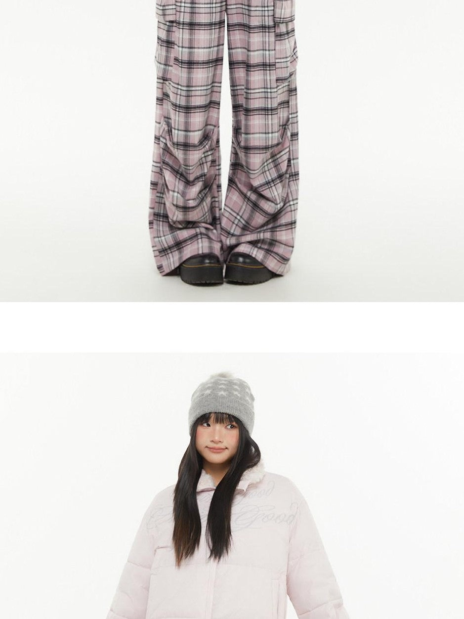 atrandom Pink Plaid Cargo Pocket Natural Waist Relaxed Women&