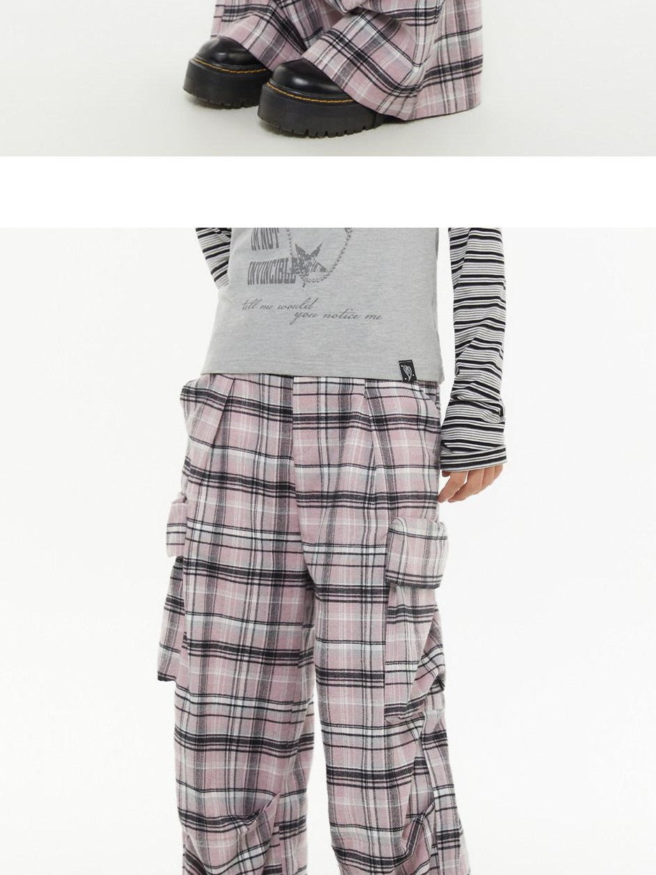 atrandom Pink Plaid Cargo Pocket Natural Waist Relaxed Women&