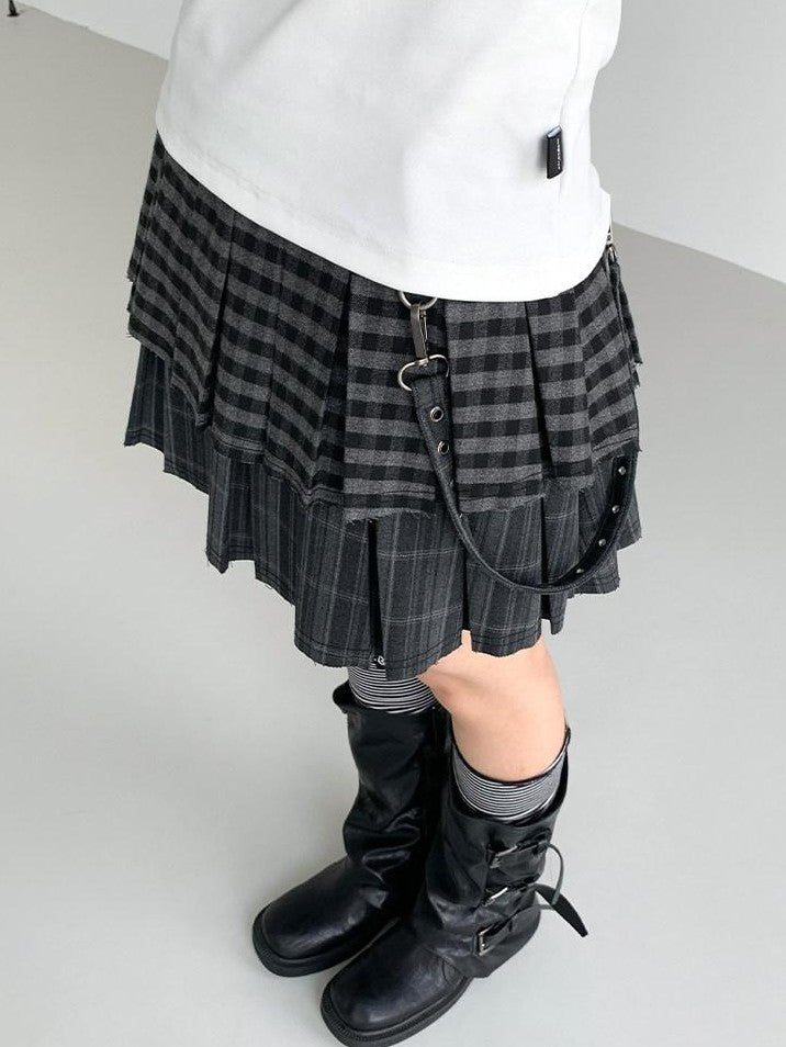 atrandom Plaid Pleated Double Layer Frayed A Line Women&