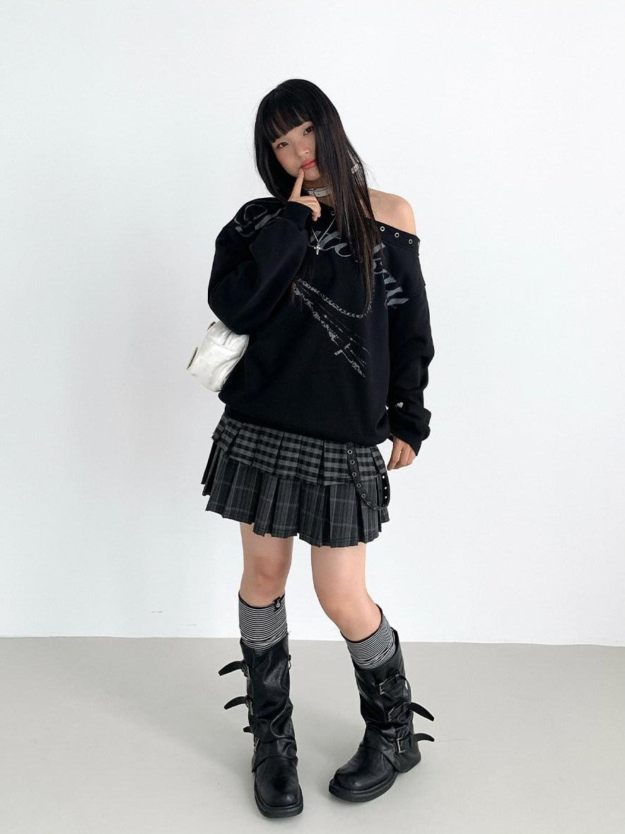 atrandom Plaid Pleated Double Layer Frayed A Line Women&