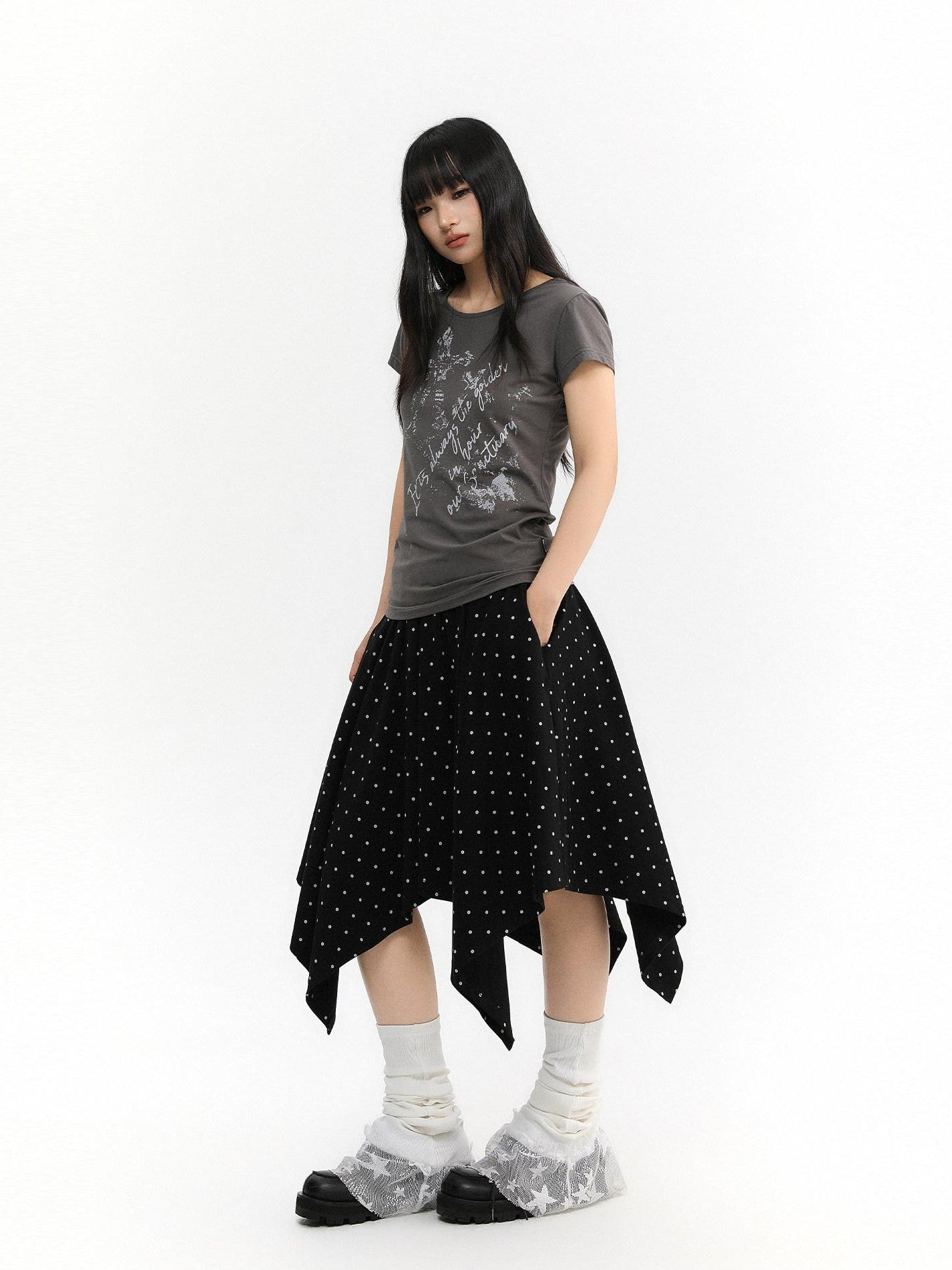 atrandom Polka Dot Asymmetric Elastic Waist Women&