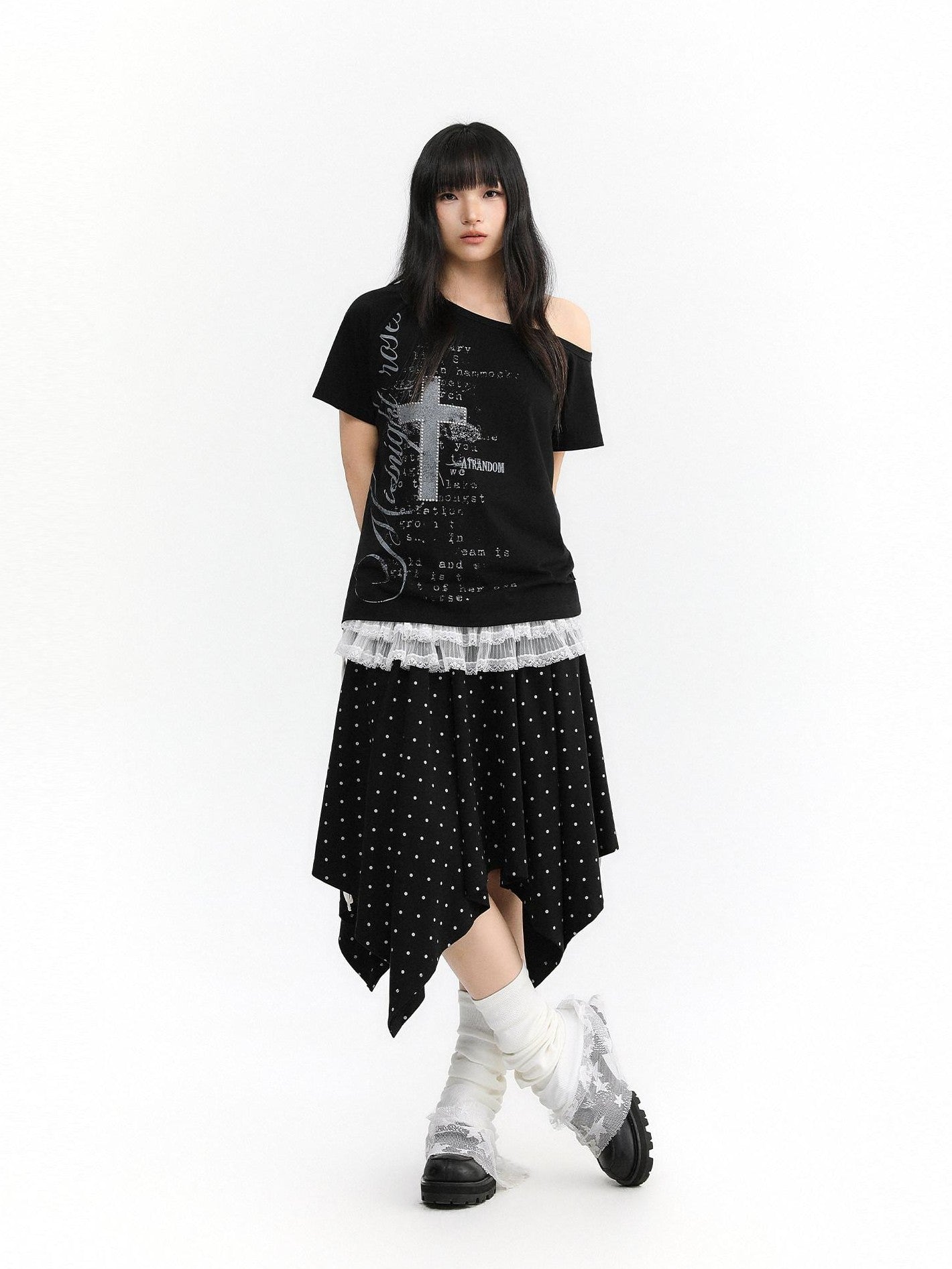 atrandom Polka Dot Asymmetric Elastic Waist Women&