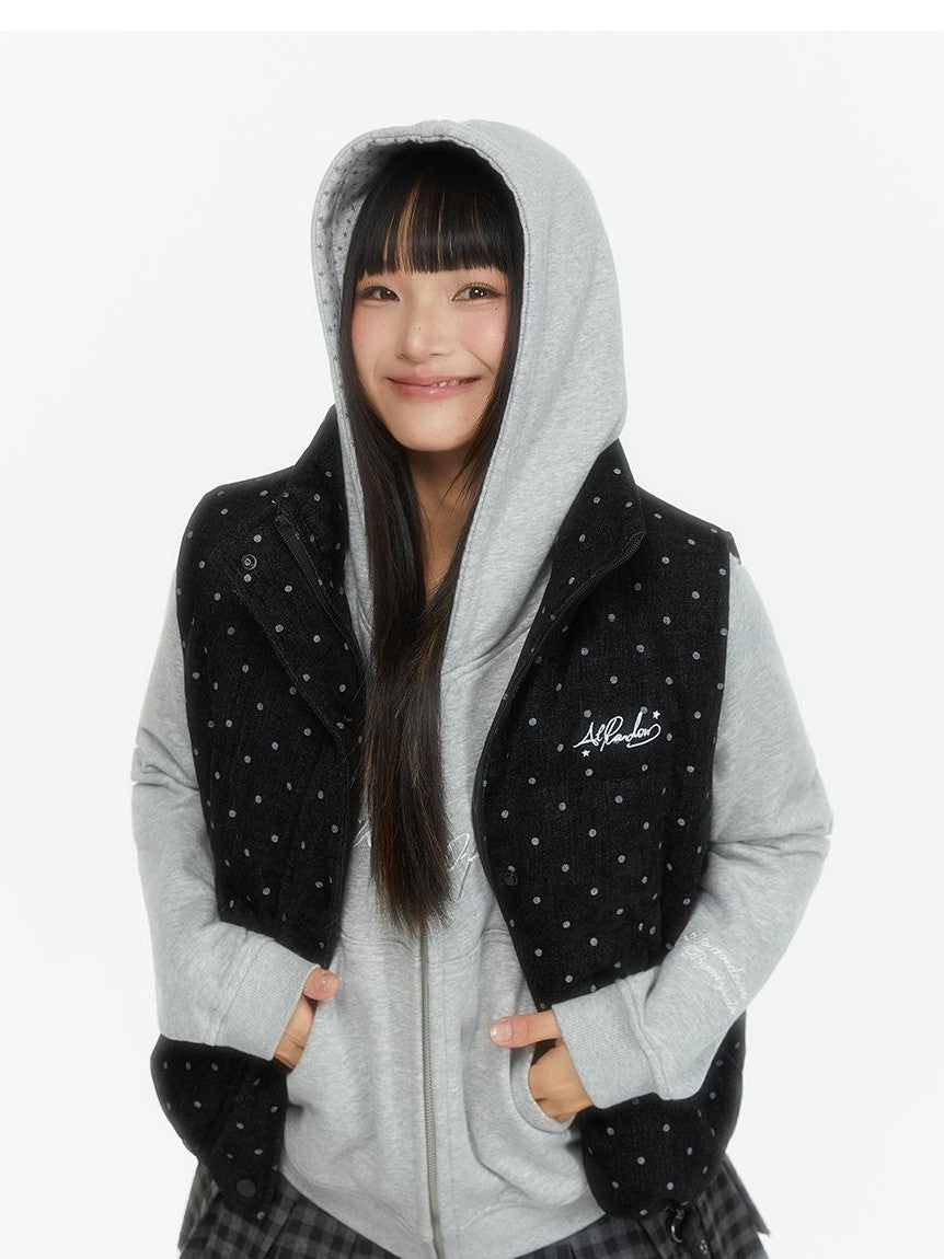 atrandom Polka Dot Embroidered Detachable Hood Faux Fur Collar Women&