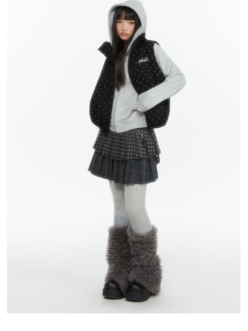 atrandom Polka Dot Embroidered Detachable Hood Faux Fur Collar Women&