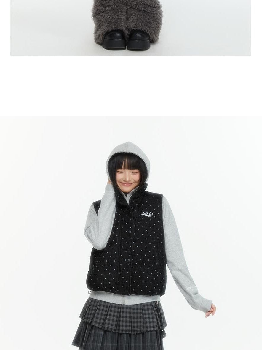 atrandom Polka Dot Embroidered Detachable Hood Faux Fur Collar Women&