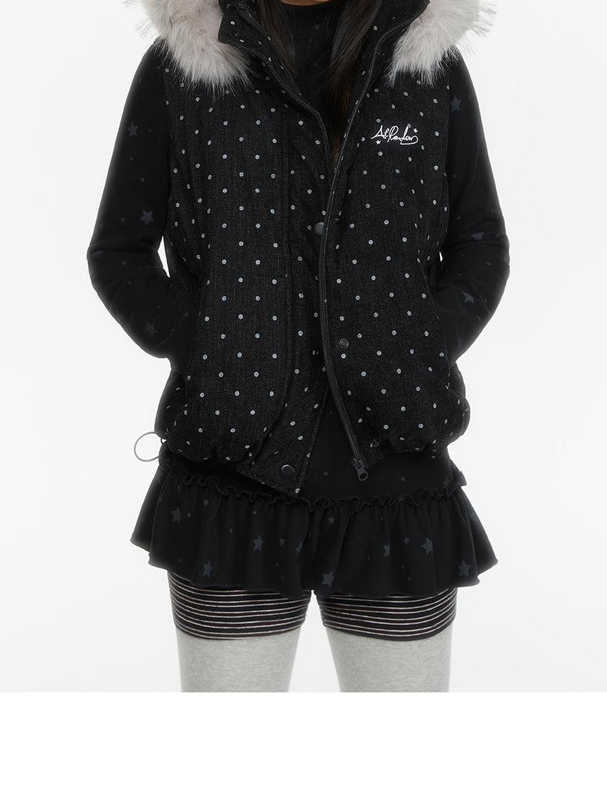 atrandom Polka Dot Embroidered Detachable Hood Faux Fur Collar Women&