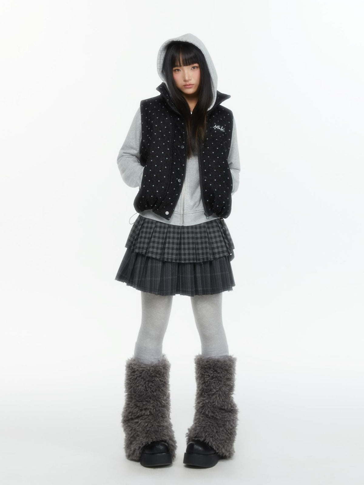 atrandom Polka Dot Embroidered Detachable Hood Faux Fur Collar Women&