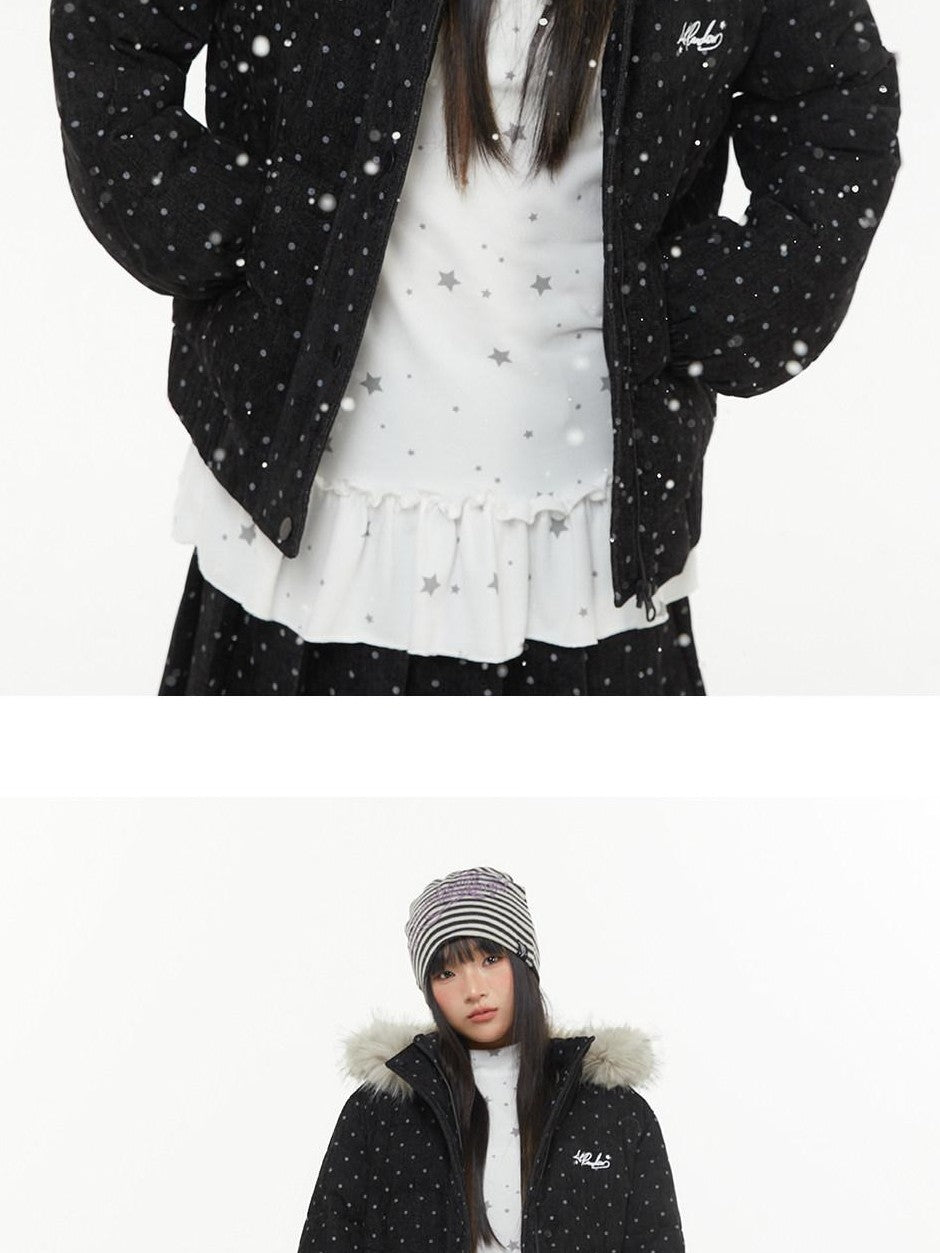 atrandom Polka Dot Embroidery Fur Collar Women&