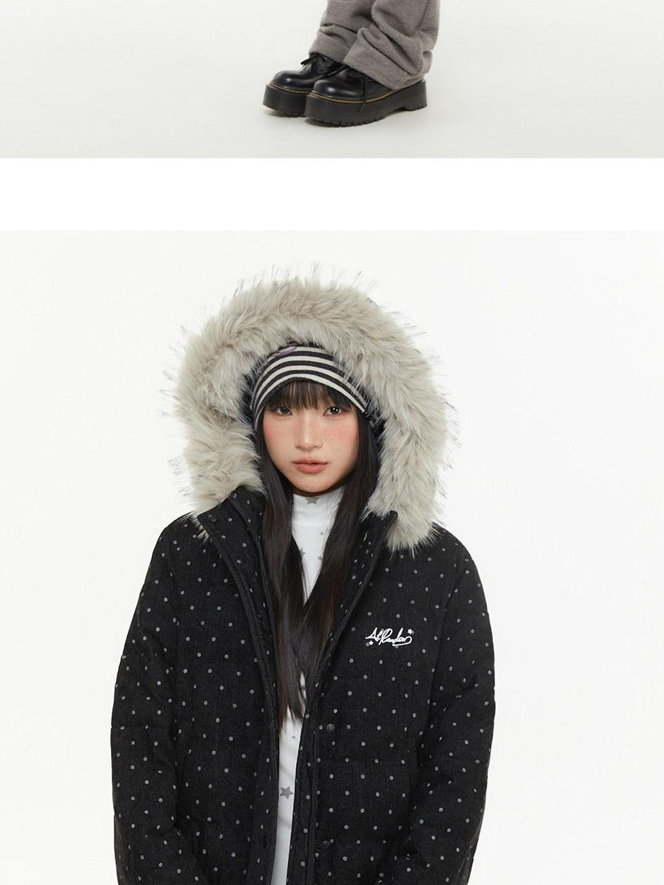 atrandom Polka Dot Embroidery Fur Collar Women&