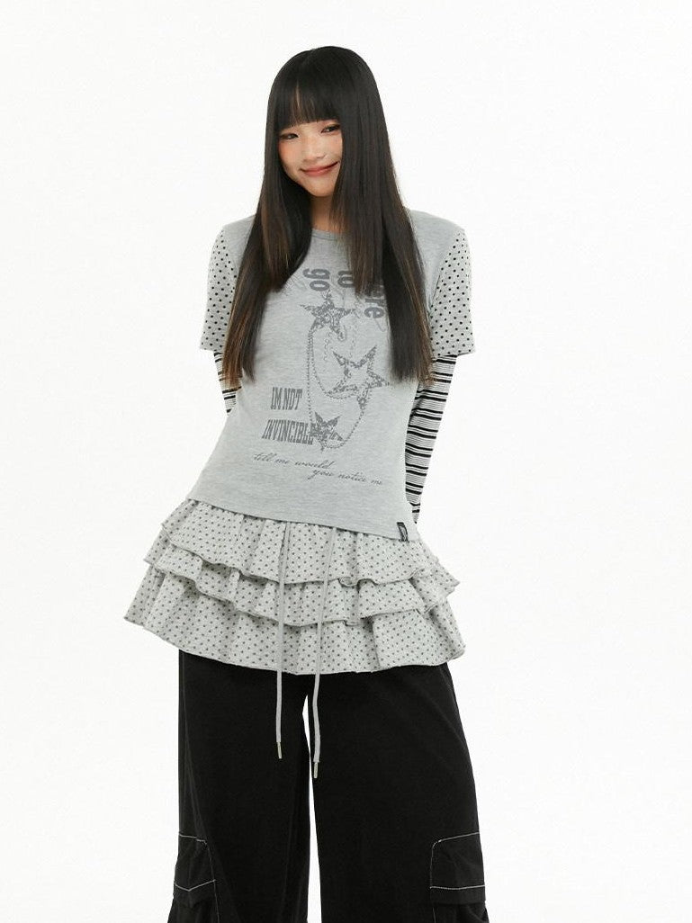 atrandom Polka Dot Stripe Letter Print Patchwork Women&