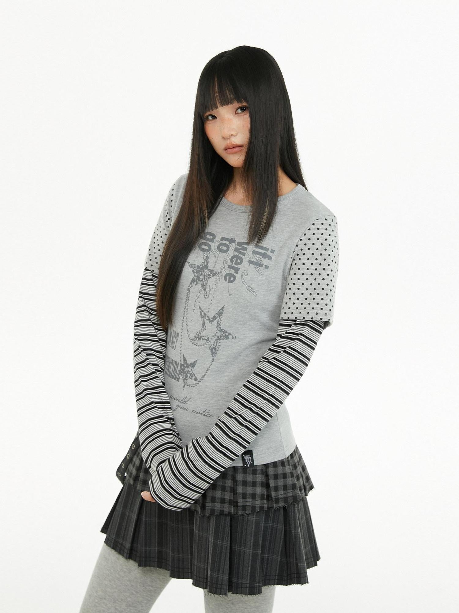 atrandom Polka Dot Stripe Letter Print Patchwork Women&