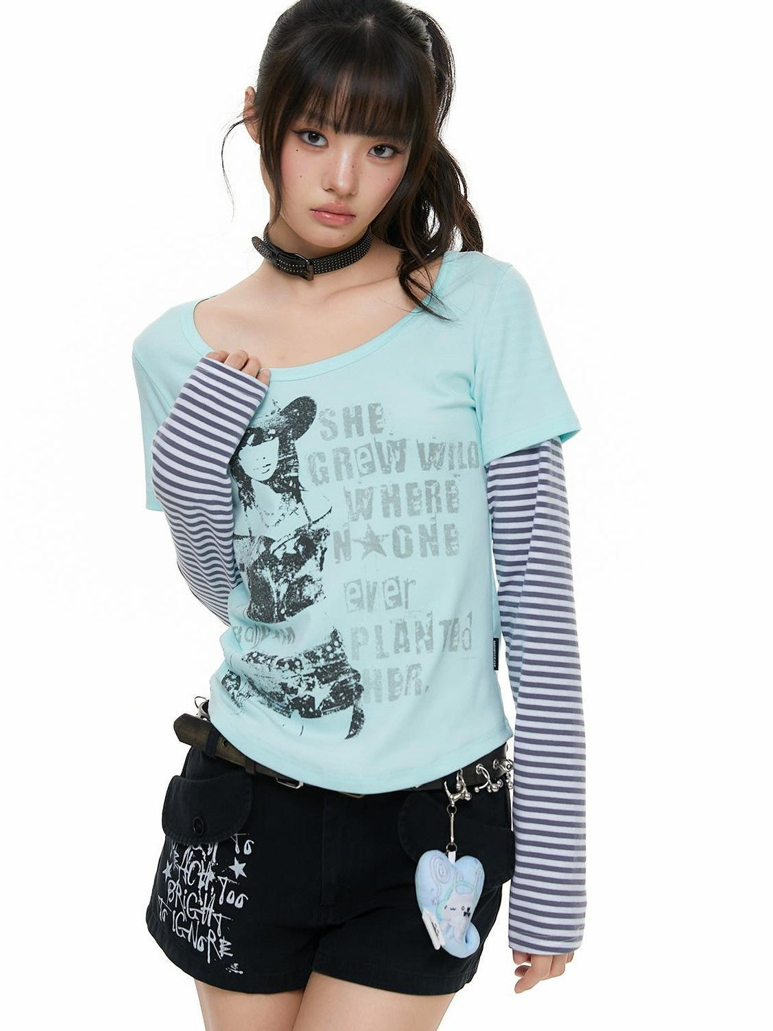 atrandom Portrait Letter Print Splice Faux Two Piece Women&