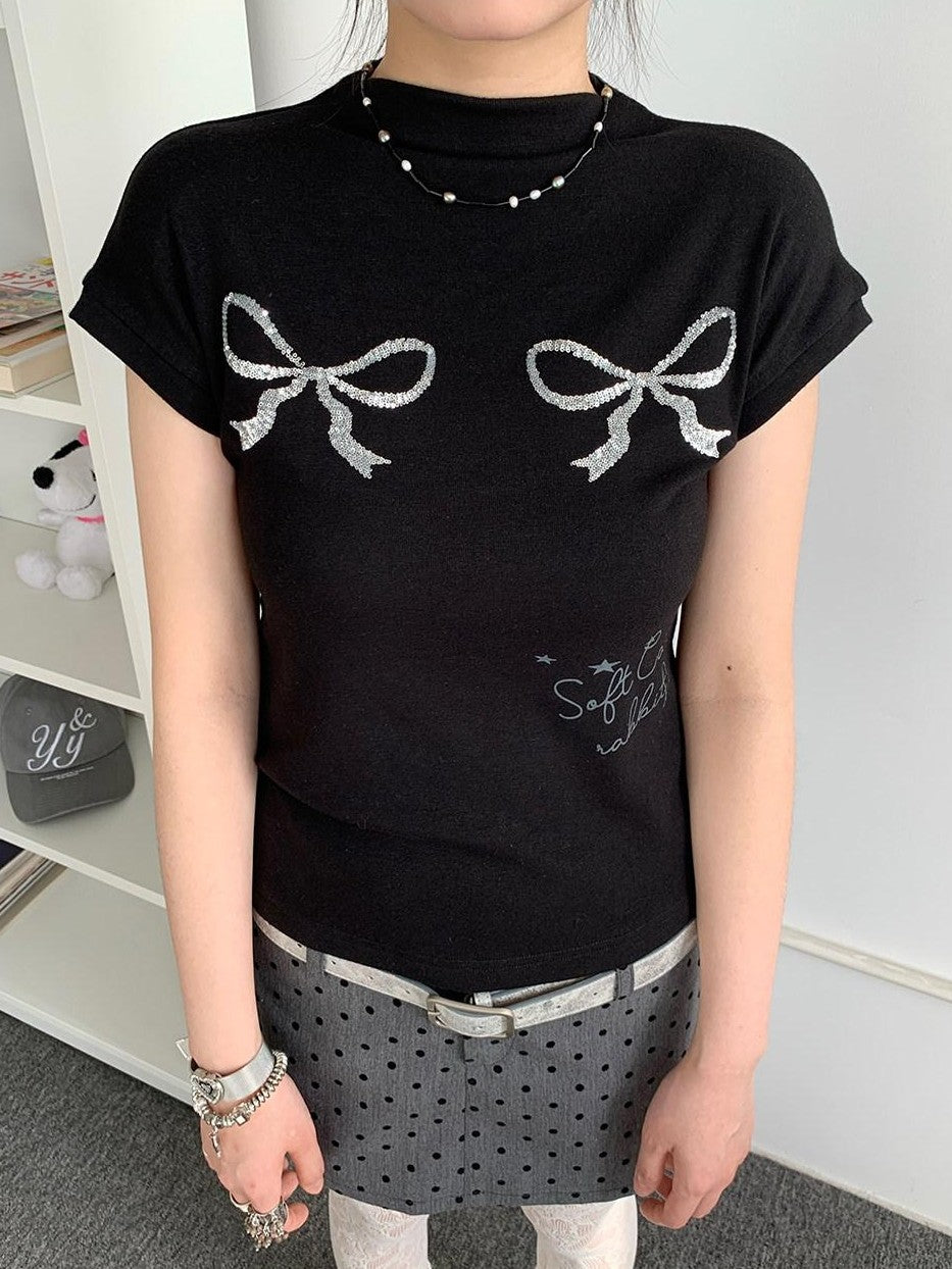 atrandom Sequin Embroidered Bow Print Mock Neck Women&