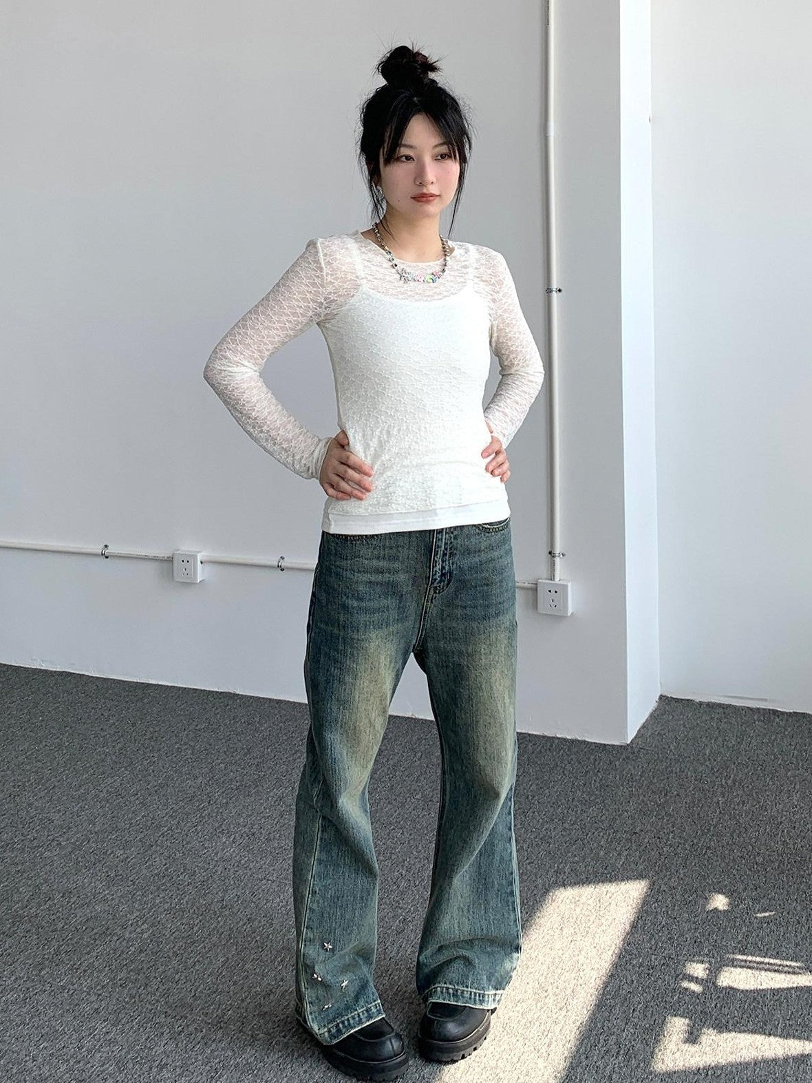 atrandom Sheer Lace Mesh Layered Slim Fit Women&