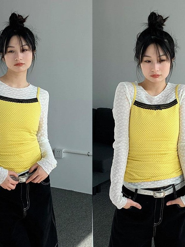 atrandom Sheer Lace Mesh Layered Slim Fit Women&