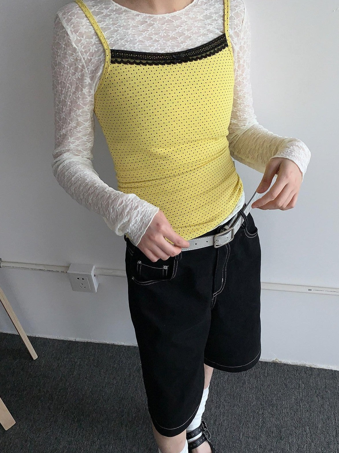 atrandom Sheer Lace Mesh Layered Slim Fit Women&
