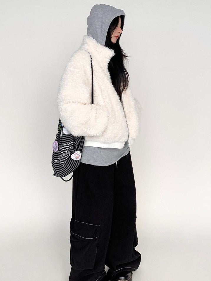 atrandom Short Sherpa Stand Collar Zip Loose Women&