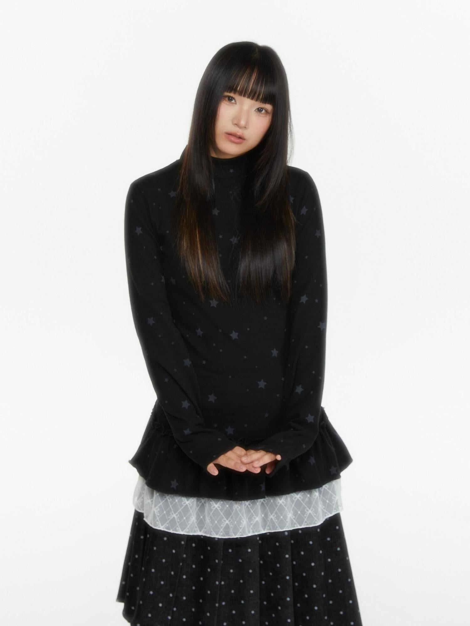 atrandom Star Print Lace Trim High Neck Knit Women&
