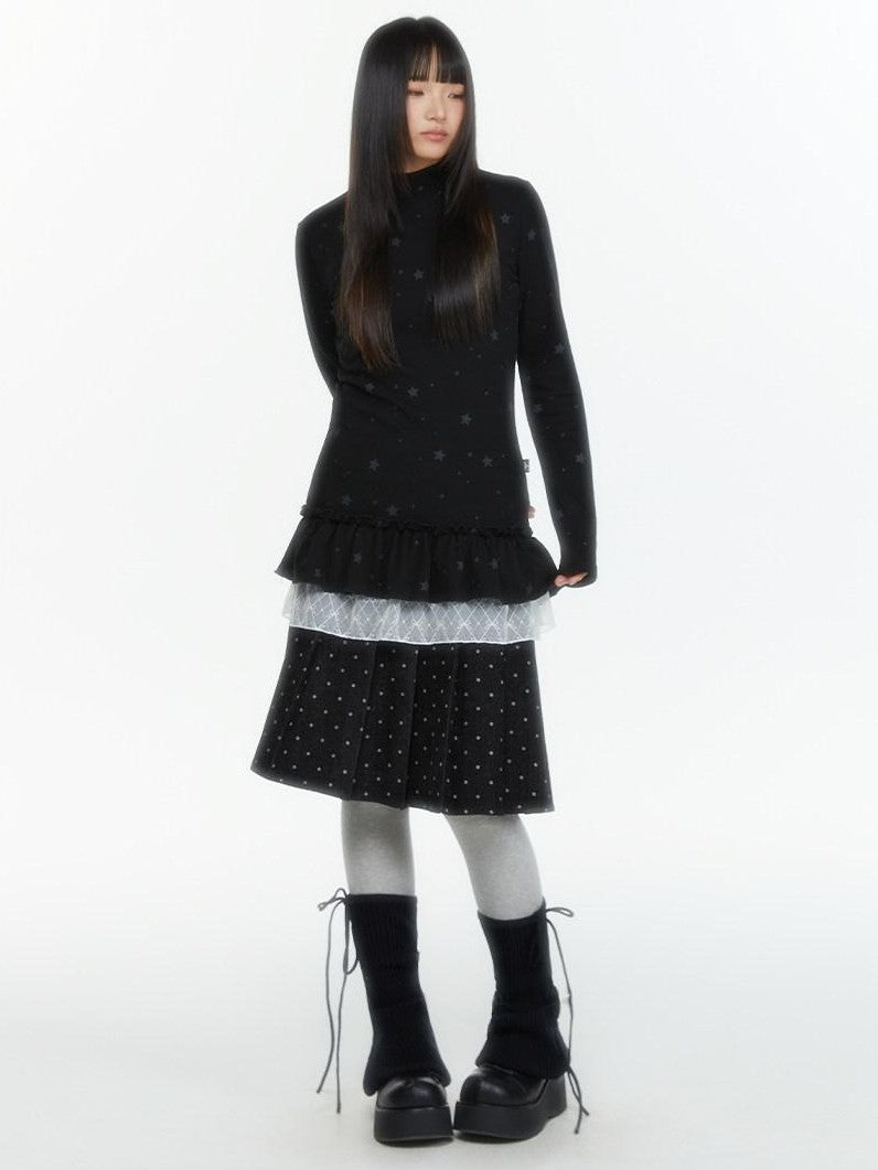 atrandom Star Print Lace Trim High Neck Knit Women&
