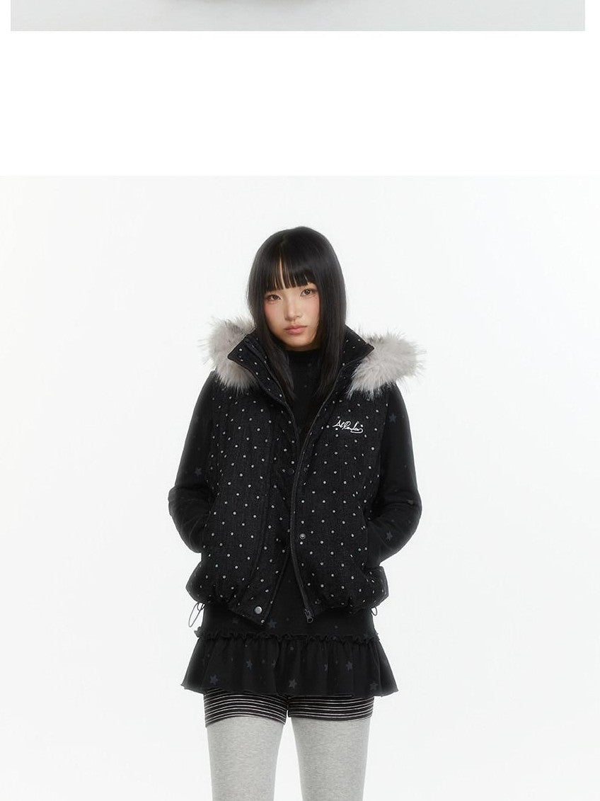 atrandom Star Print Lace Trim High Neck Knit Women&