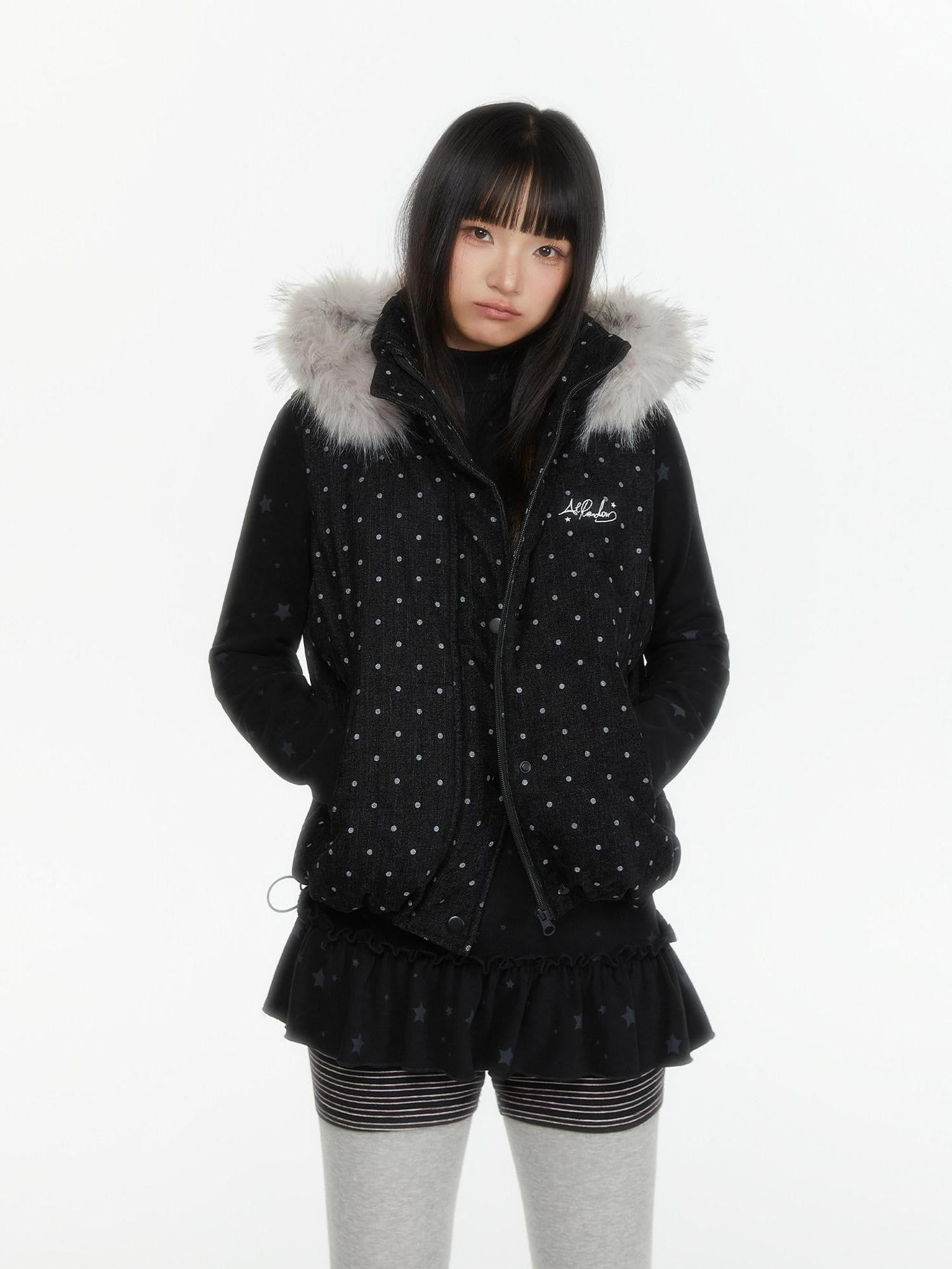 atrandom Star Print Lace Trim High Neck Knit Women&