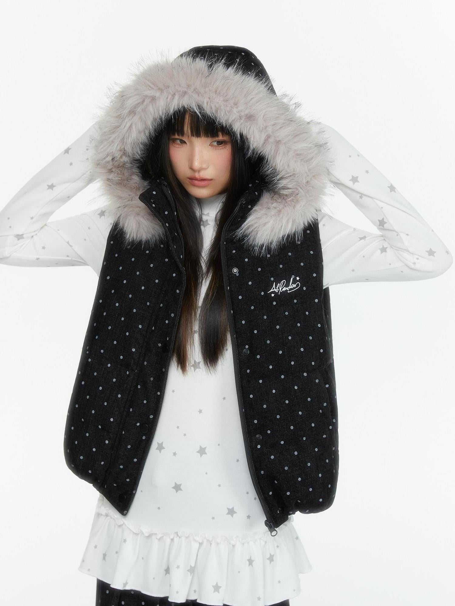 atrandom Star Print Lace Trim High Neck Knit Women&