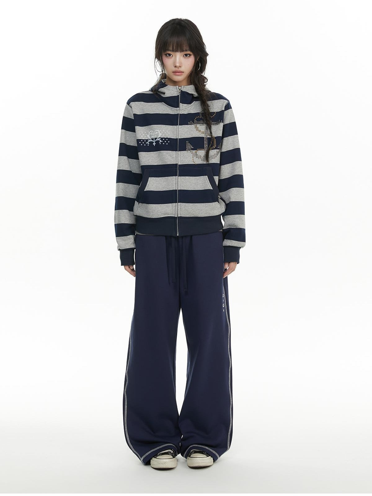 atrandom Striped Anchor Rhinestone Print Women&