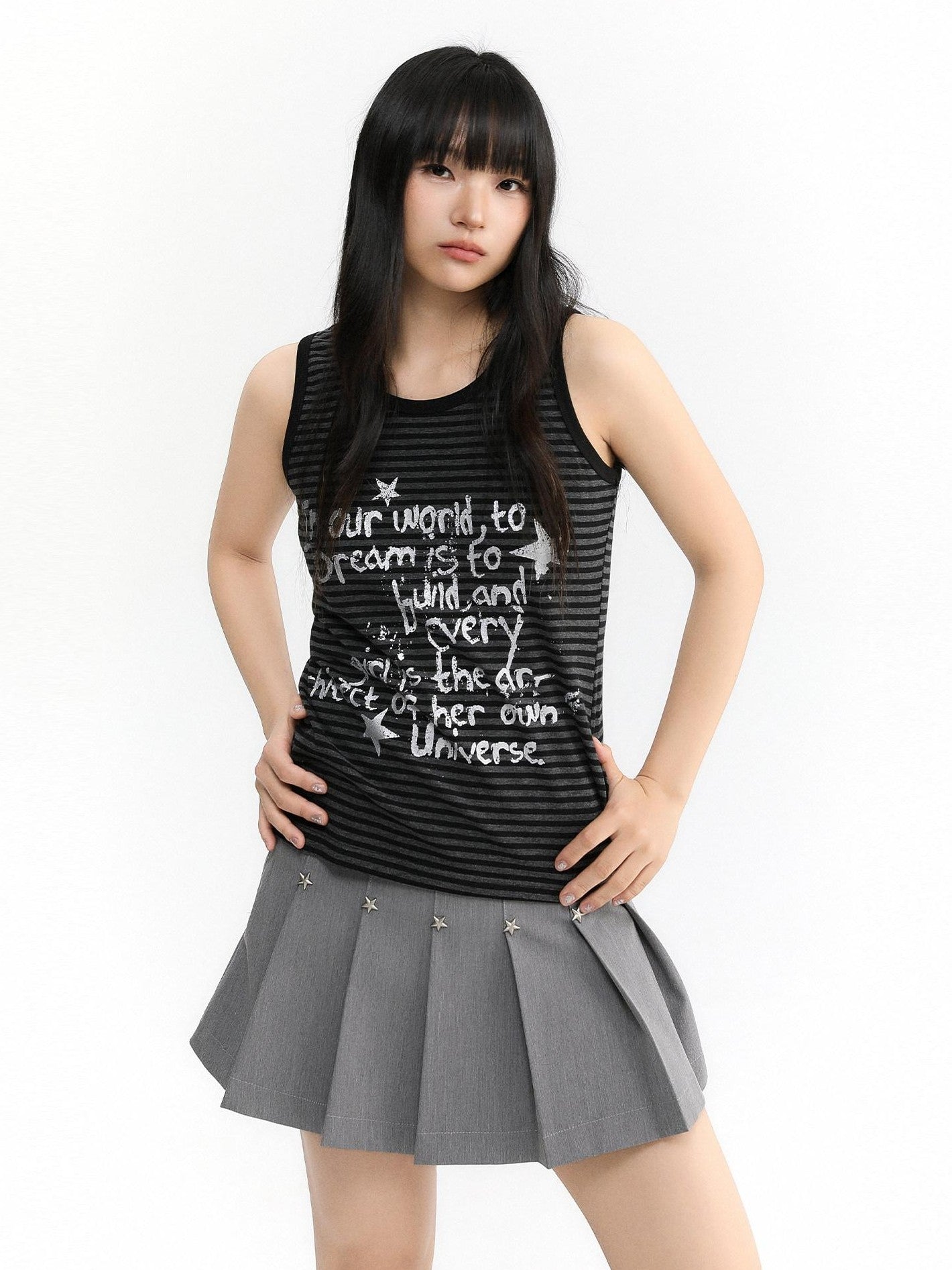 atrandom Striped Silver Foil Text Print Racerback Women&