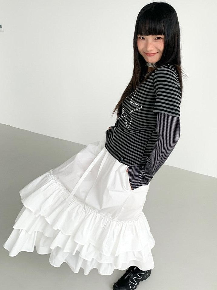 atrandom White Tiered Layered Gathered Elastic Waist Women&
