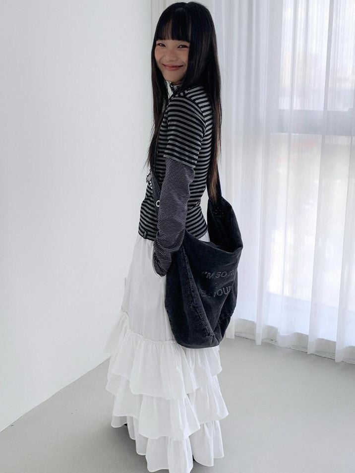 atrandom White Tiered Layered Gathered Elastic Waist Women&