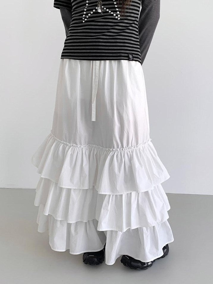 atrandom White Tiered Layered Gathered Elastic Waist Women&