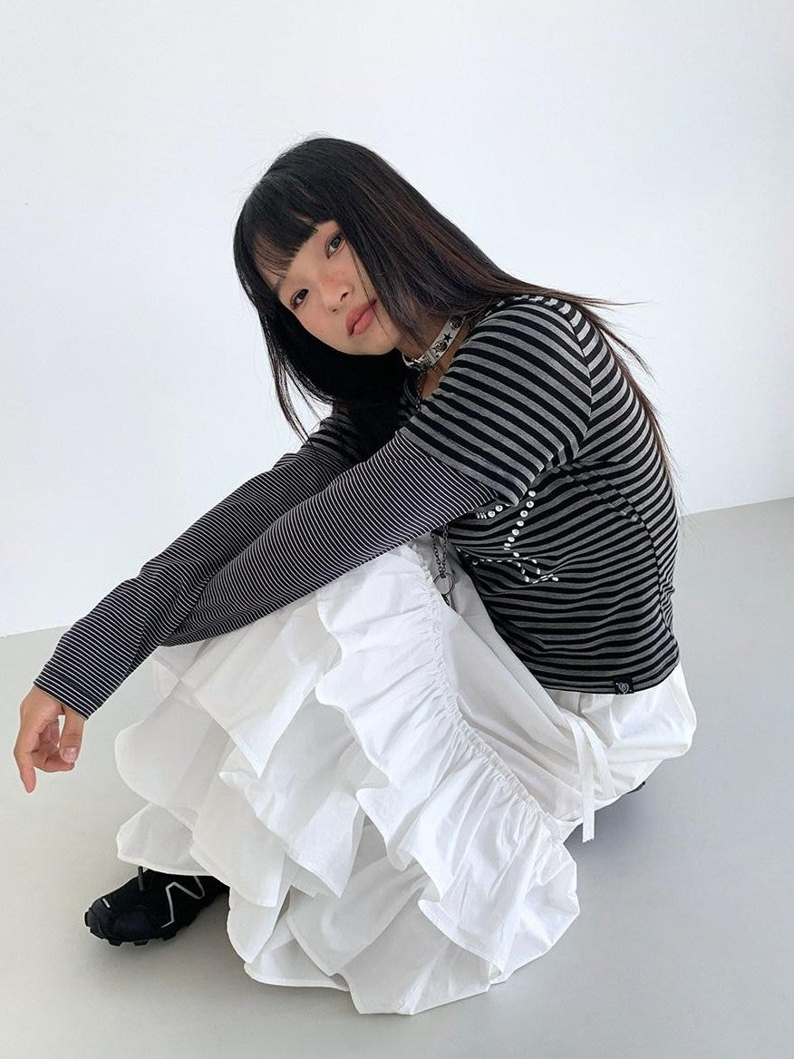 atrandom White Tiered Layered Gathered Elastic Waist Women&