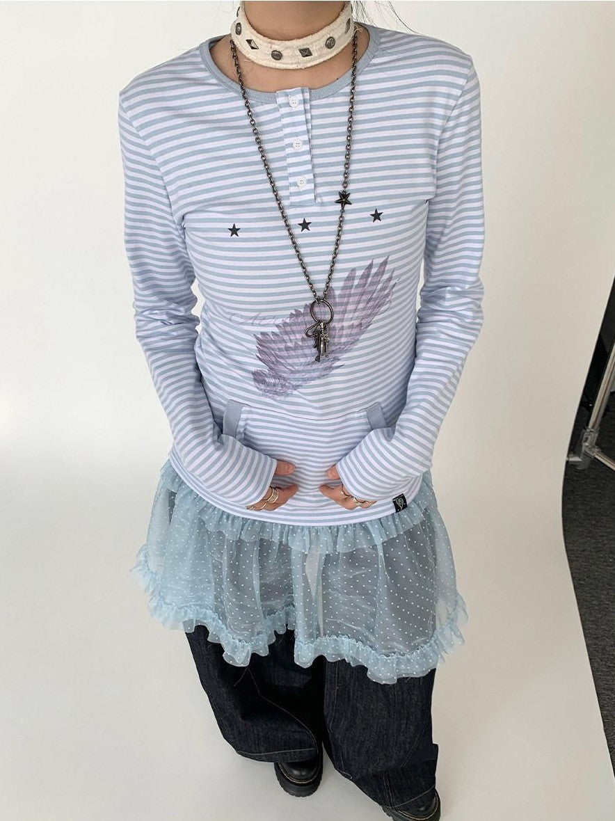atrandom Wing Print Striped Blue Gray Slim Round Neck Women&