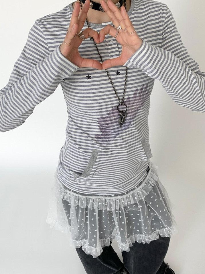atrandom Wing Print Striped Blue Gray Slim Round Neck Women&