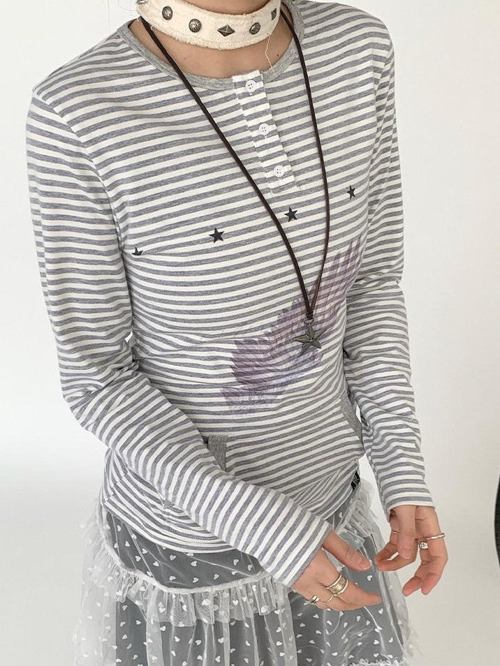atrandom Wing Print Striped Blue Gray Slim Round Neck Women&