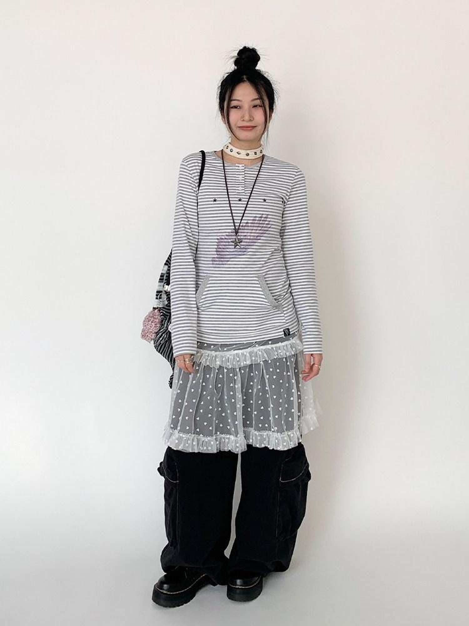 atrandom Wing Print Striped Blue Gray Slim Round Neck Women&