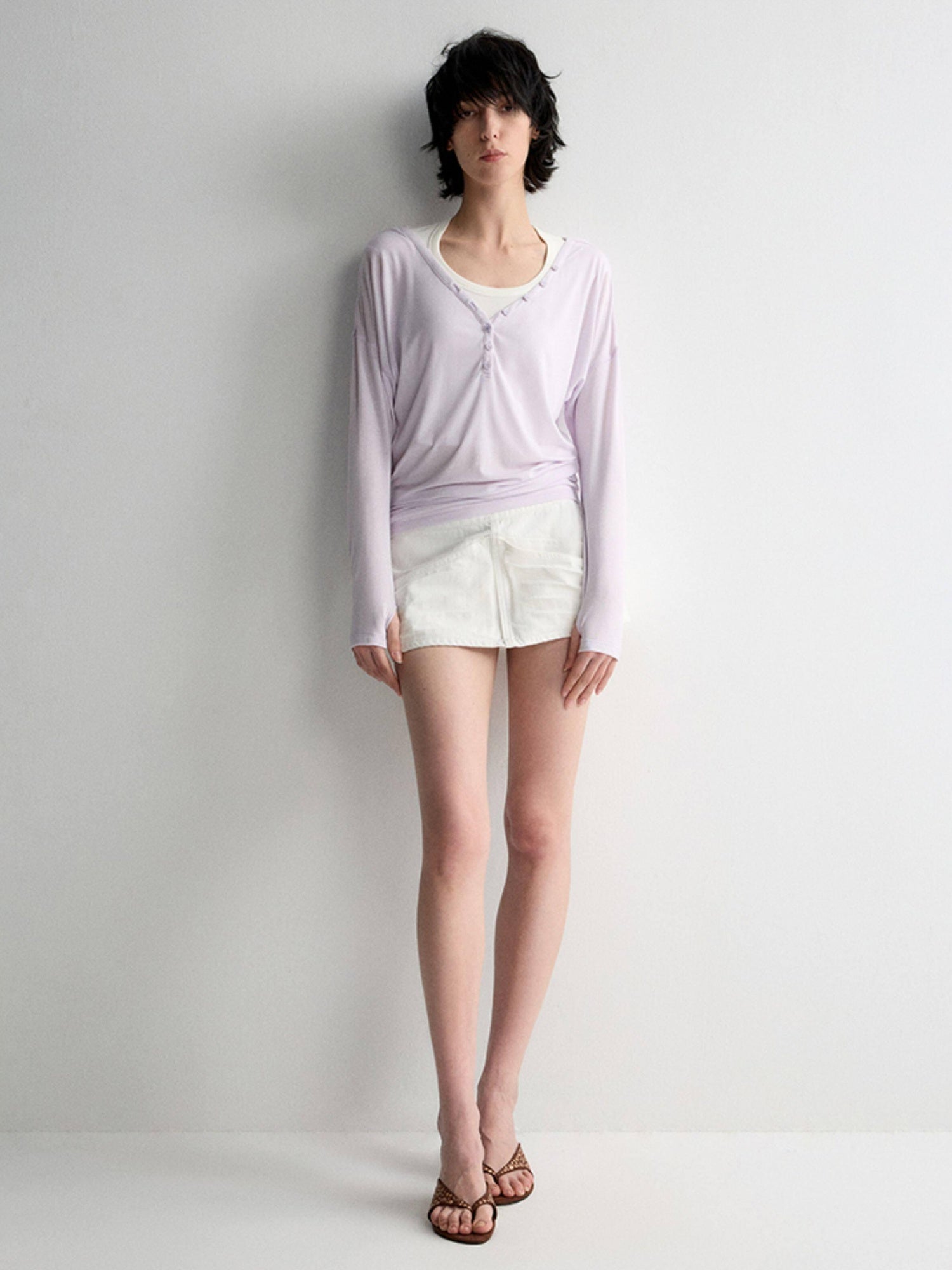 RUN TO THE FUTURE Breathable Lyocell Linen Vneck Slim Casual Women Lilac Long Sleeve T-Shirts