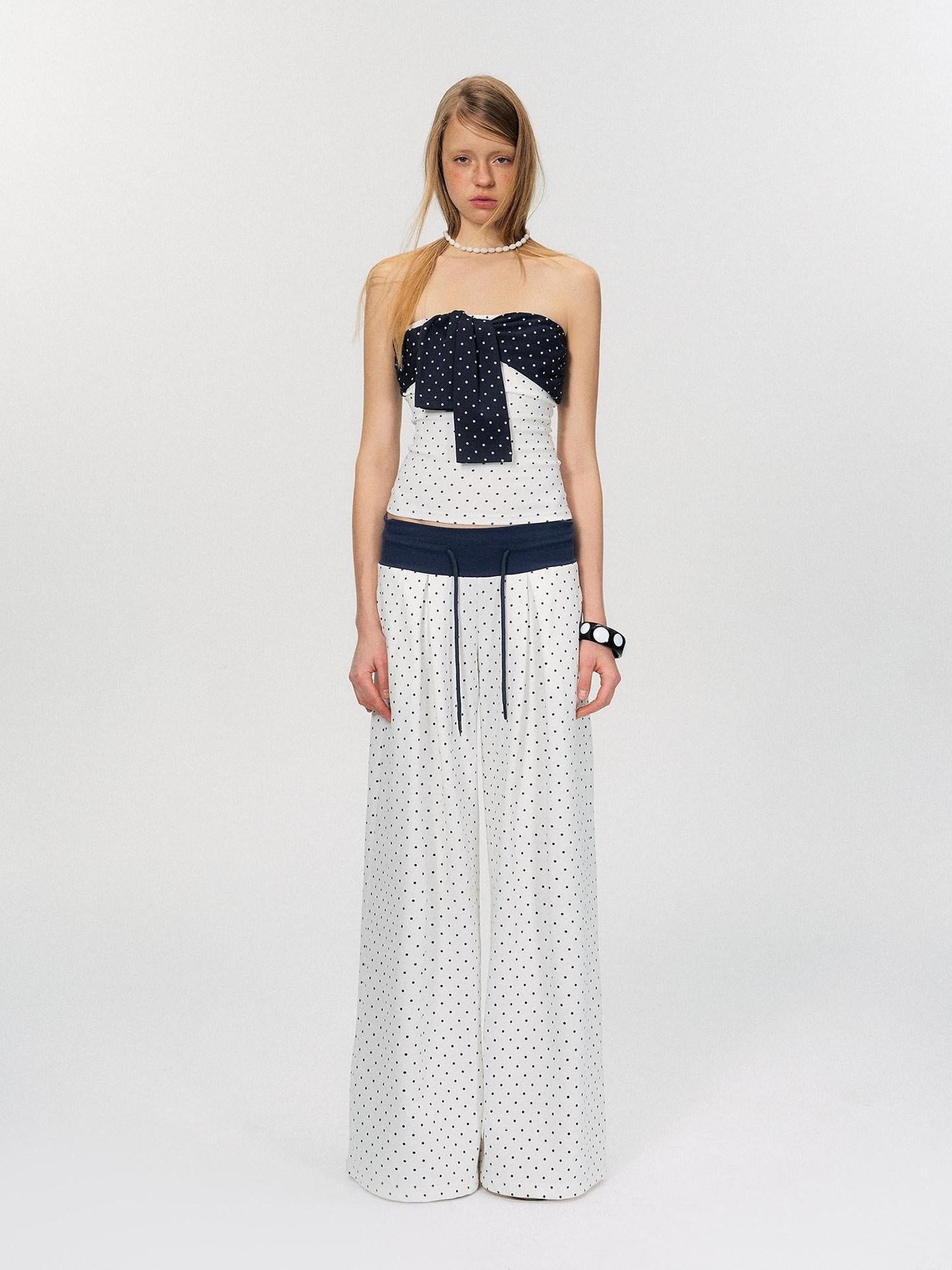 The NeverMore Polka Dot Cotton Two Piece Colorblock Sexy High Waist Pants Tube Tops
