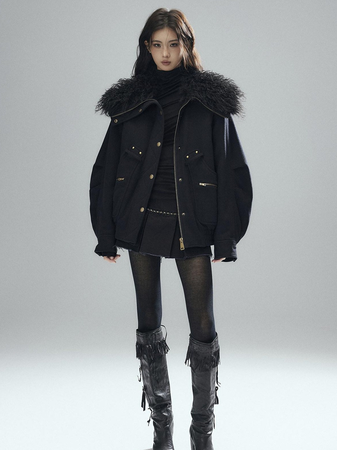 Low pixel Thick Wool Blend Multi Pocket Loose Fit Sexy Girl Black Zipper Cropped Jackets