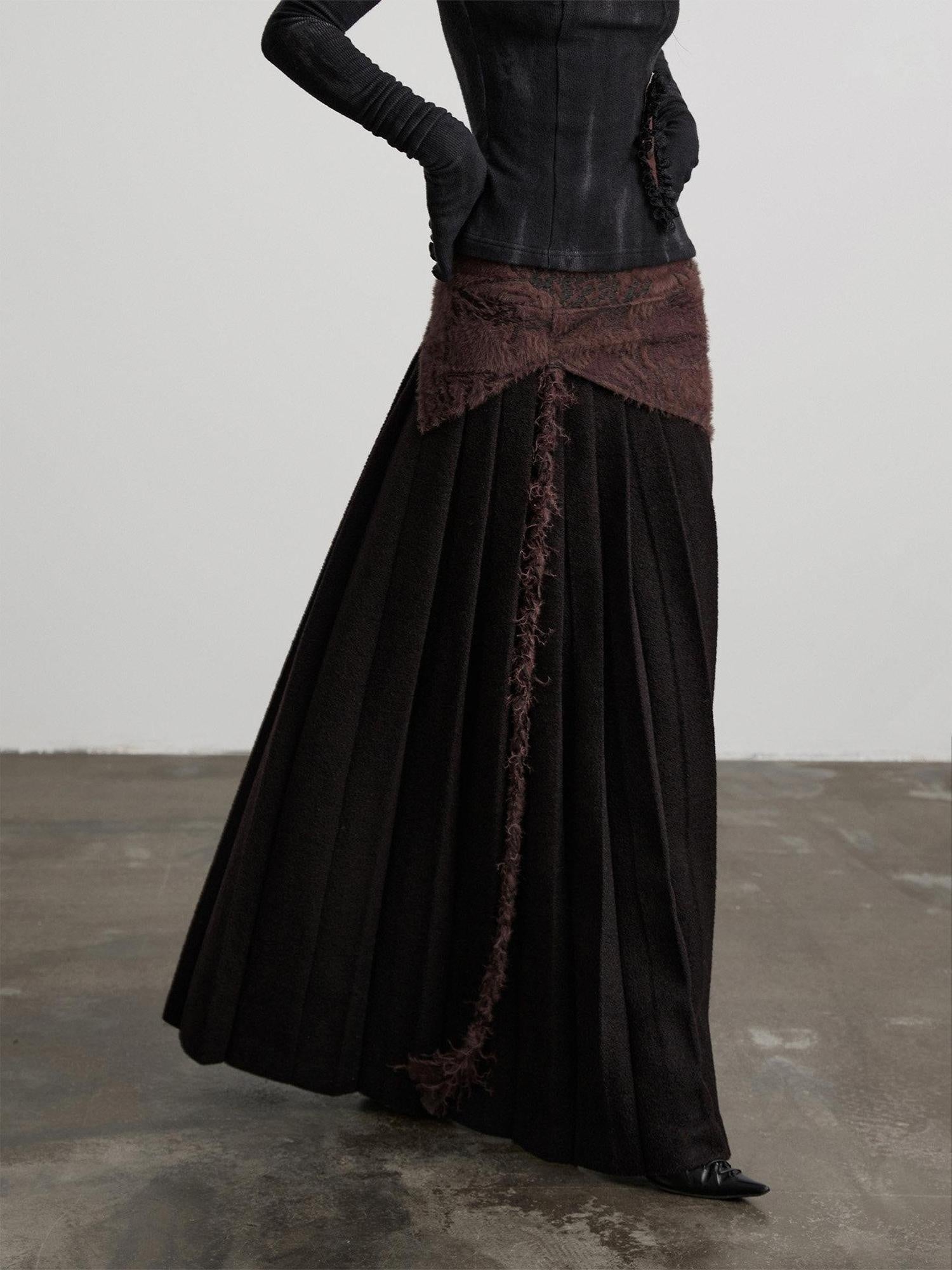 INDULGE Shape Retaining Patchwork Lined Mid Waist Wool Blend Women Burgundy Maxi Skirts