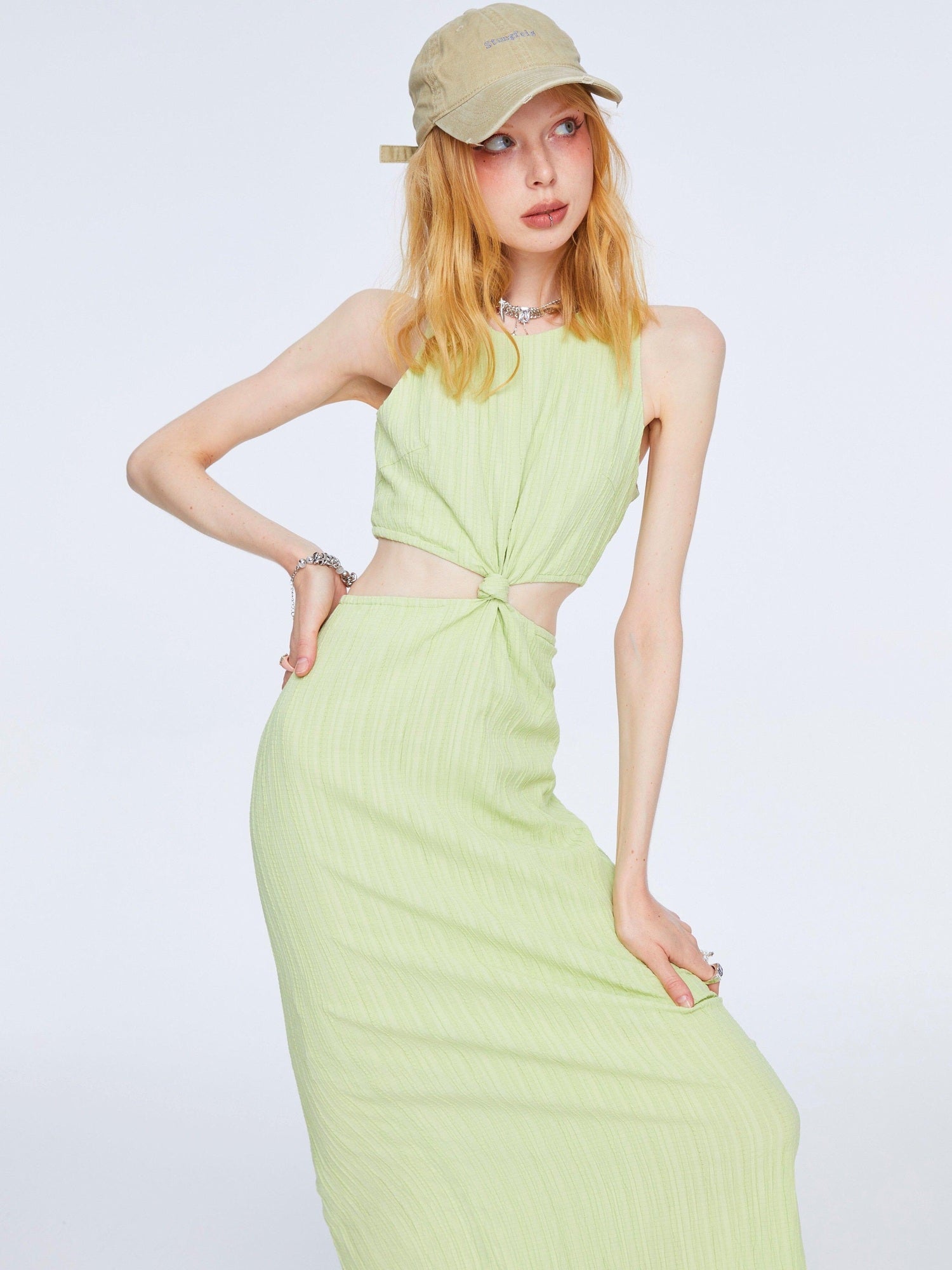 The NeverMore High Waist Pleated Street A Line Sleeveless Women Green Maxi Dresses