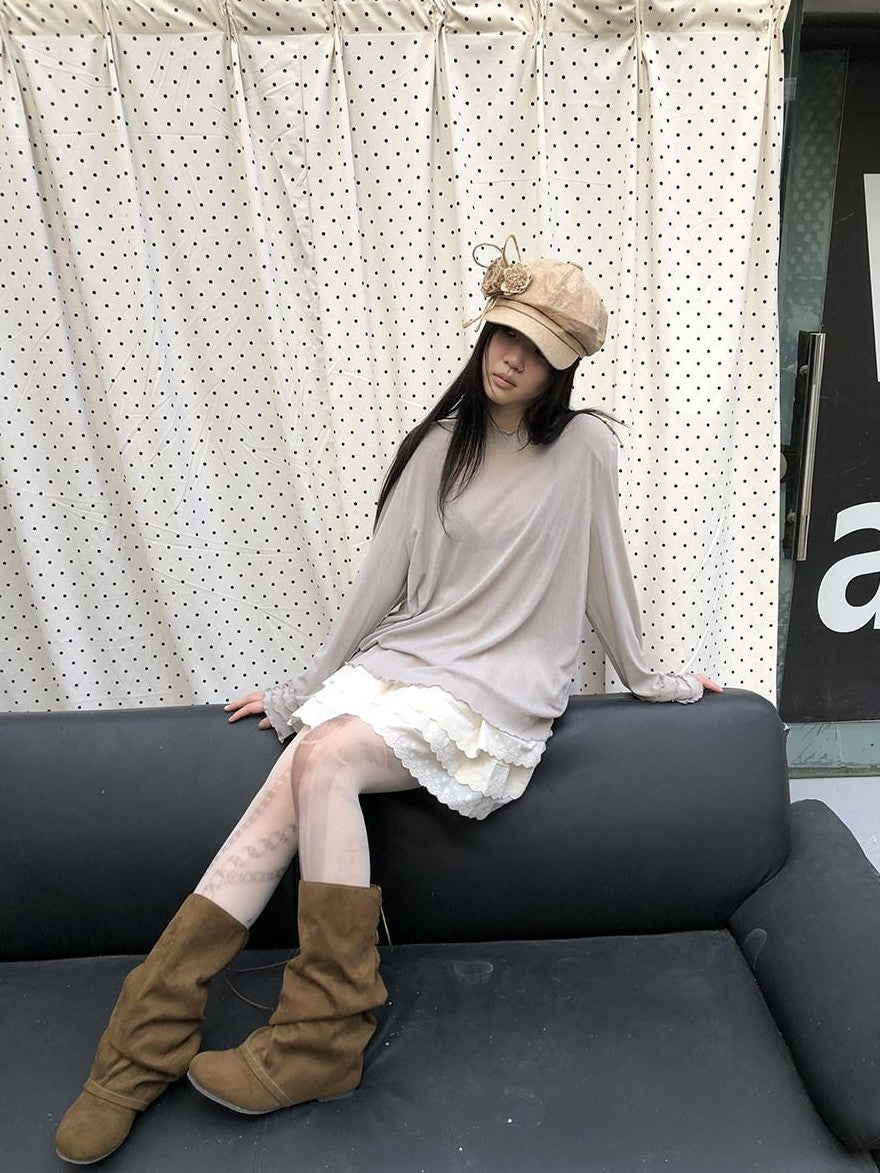 ang project Mocha Sheer Mesh Layered Ruffle Round Neck Women&