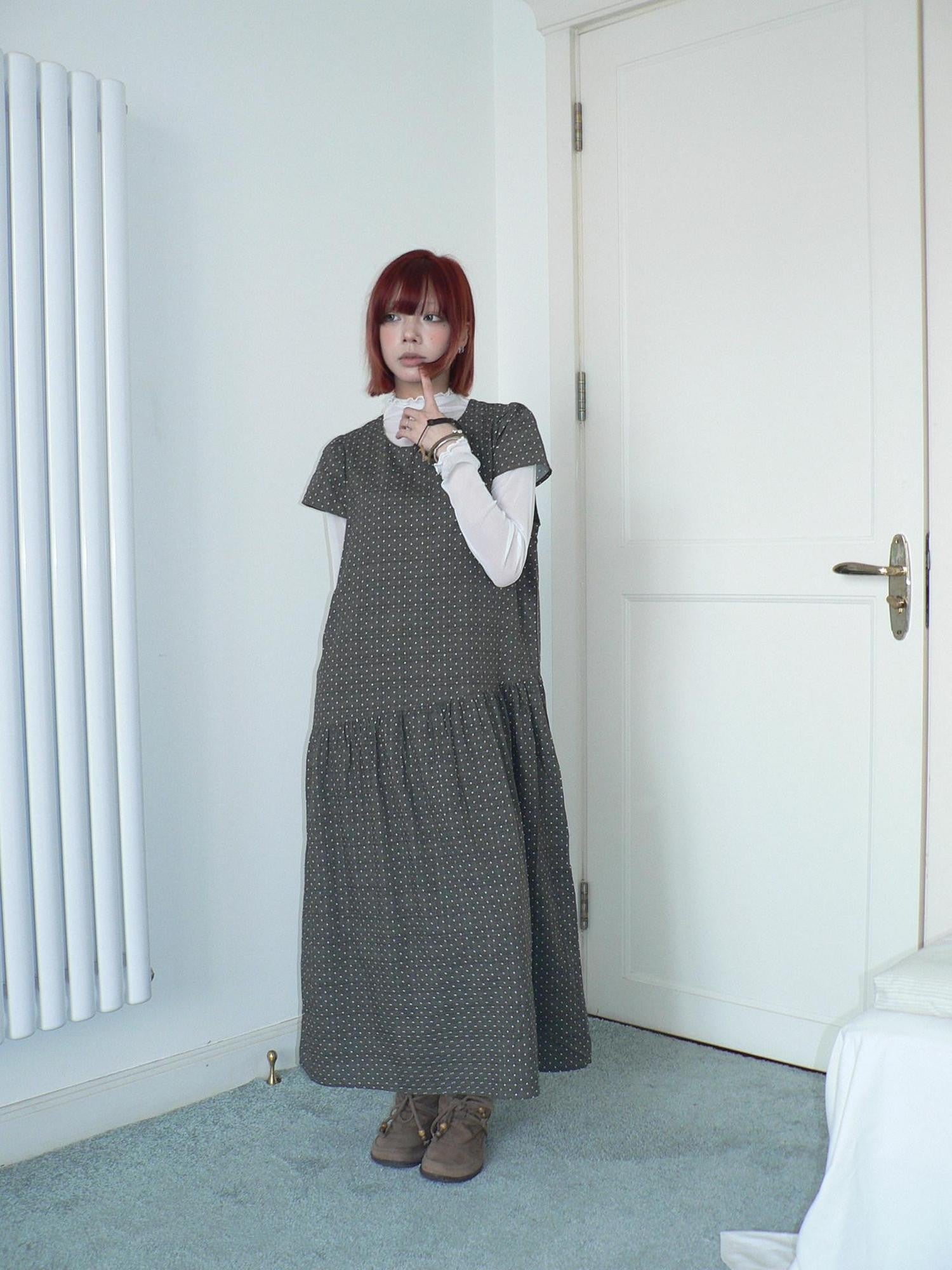 ang project Brown Polka Dot Pleated A Line Flutter Sleeve Women&
