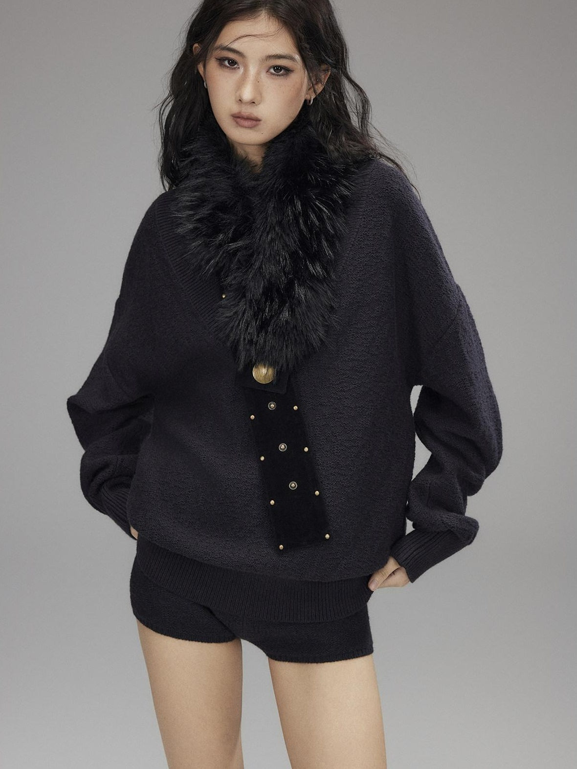 Low pixel Knitted Wool Blend Loose Street Style Women Two Piece Set Navy Mini Shorts