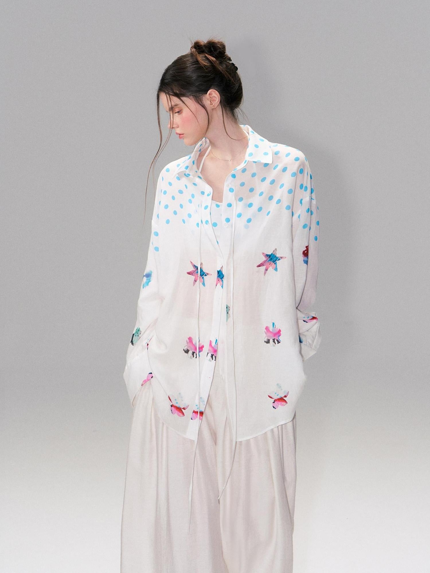The NeverMore Soft Breathable Linen Blend Relaxed Drop Shoulder Polka Dot Long Sleeve Shirts