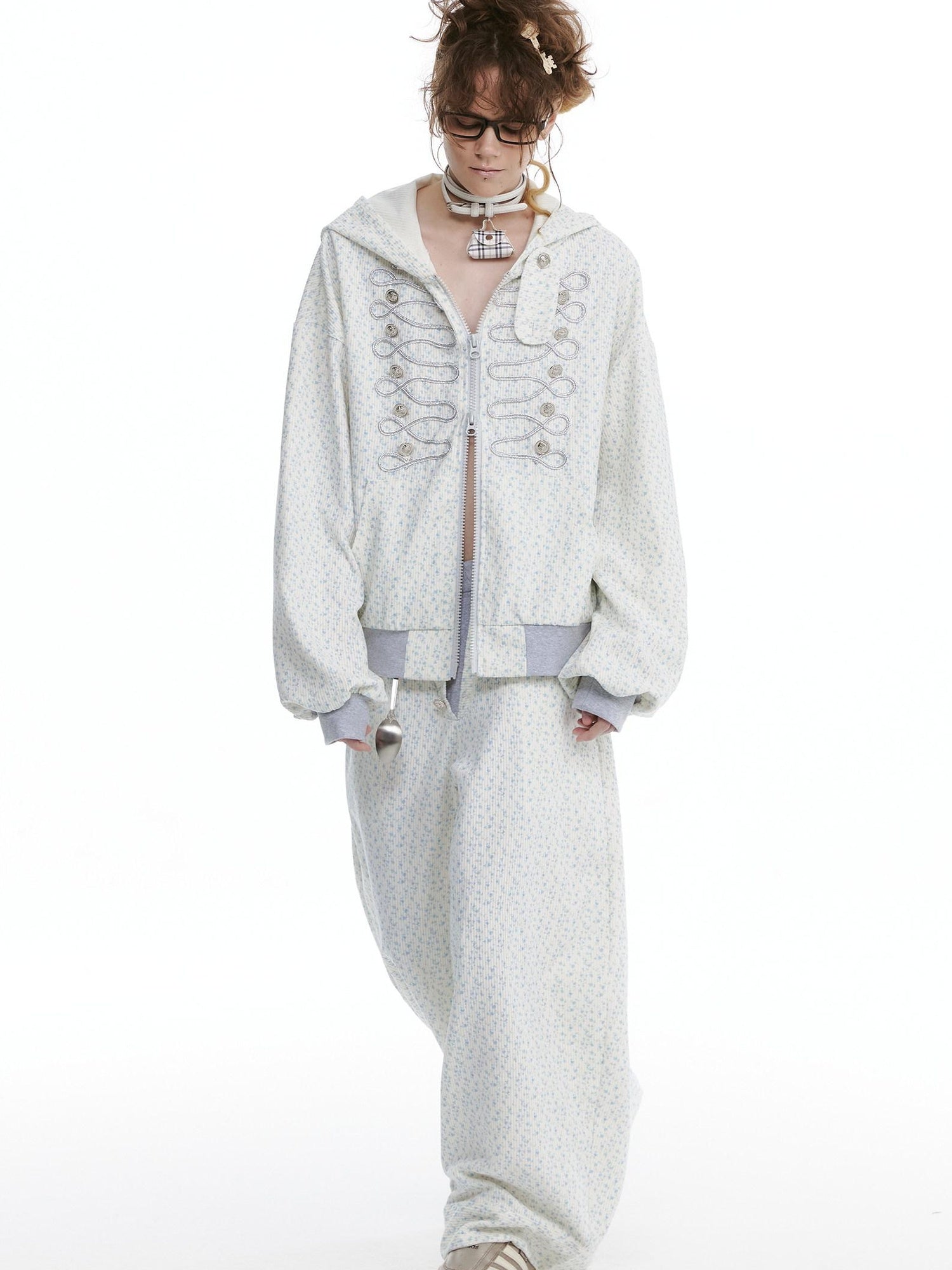 nit alcove Floral Zip Hoodie Loose Fit Long Sleeve Unisex Long Pants Top & Pants Sets